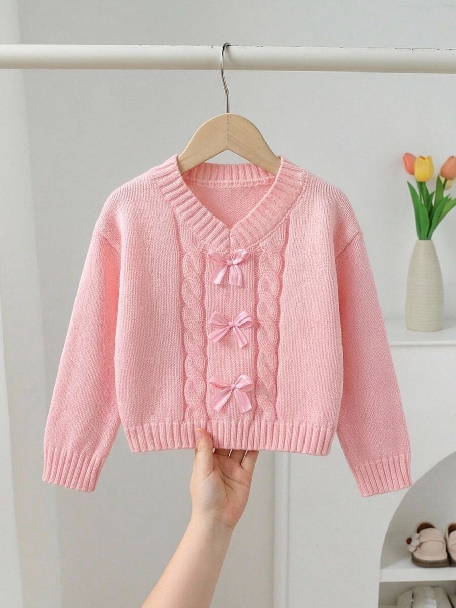 SHEIN 幼女秋冬粉色長袖刺繡麻花針織套頭毛衣，開學季舒適柔軟節慶聖誕穿搭 - 粉色 - 查看 1