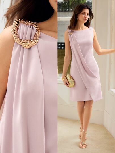 MOTF PREMIUM WOMEN'S SUMMER METAL BUCKLE DECOR PLEATED SLEEVELESS DRESS