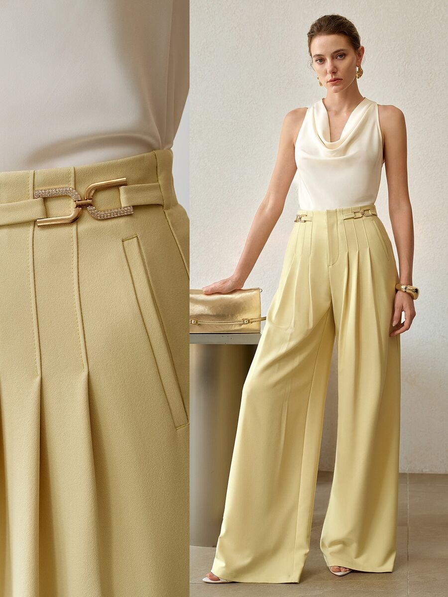 MOTF PREMIUM FOLDED PLEATED WIDE LEG LONG PANTS - Butter Yellow - View 1