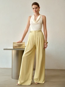 MOTF PREMIUM FOLDED PLEATED WIDE LEG LONG PANTS - Butter Yellow - View 7