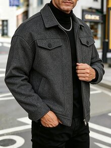 Manfinity Homme Men's Mature Casual Solid Dark Gray Overcoat - Dark Grey - View 4