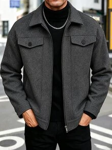 Manfinity Homme Men's Mature Casual Solid Dark Gray Overcoat - Dark Grey - View 3