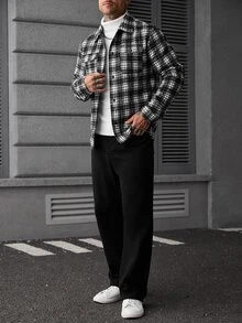 Manfinity CasualCool 男士休閒時尚黑白格紋大衣 - 黑與白 - 查看 4