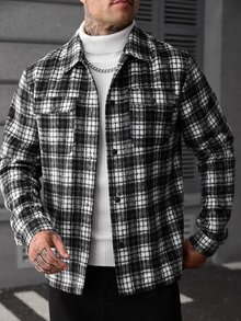 Manfinity CasualCool 男士休閒時尚黑白格紋大衣 - 黑與白 - 查看 3