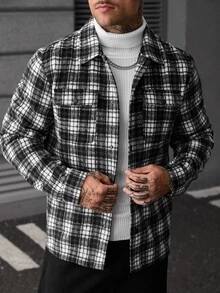 Manfinity CasualCool 男士休閒時尚黑白格紋大衣 - 黑與白 - 查看 6
