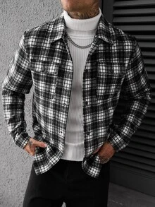 Manfinity CasualCool 男士休閒時尚黑白格紋大衣 - 黑與白 - 查看 1