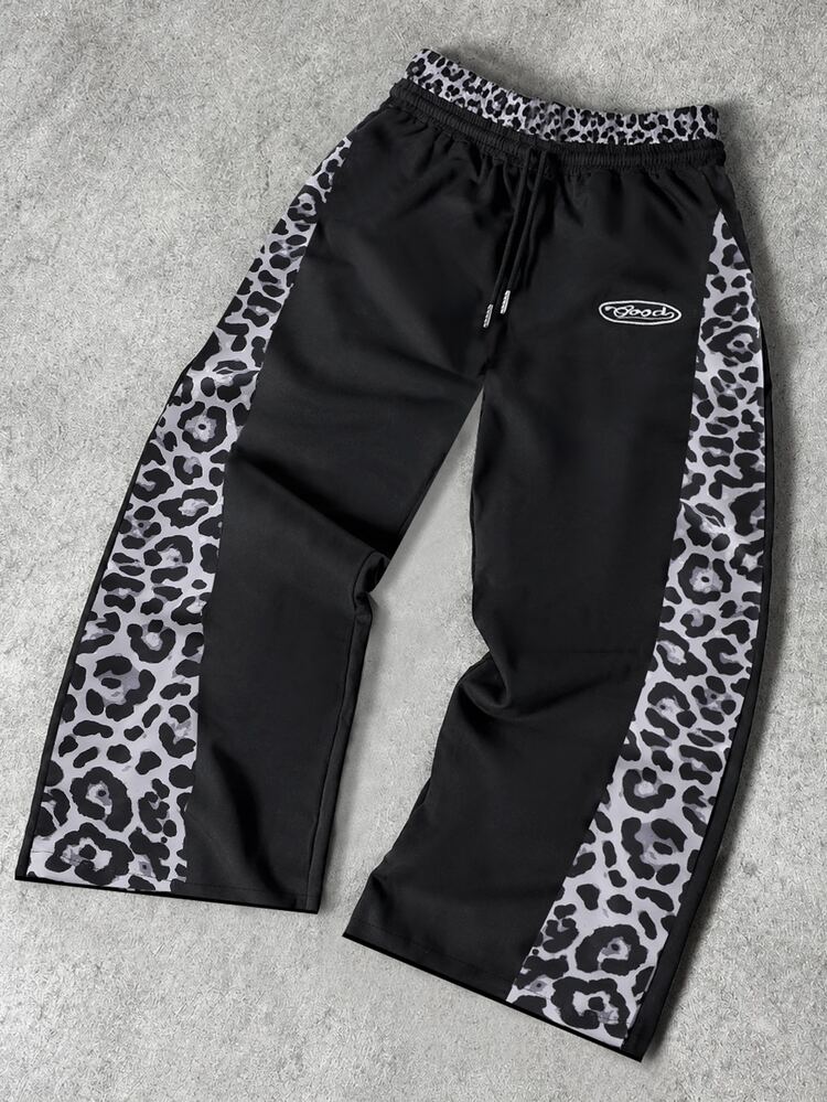 PAVTROS Men's Young Casual Streetwear 2 In 1 Sweatpants, Elastic Waist With Drawstring Design, Gym, Outdoor, Sports, Black And White Leopard Print Summer - Black - View 8