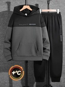 SHEIN Teen Boy American Retro Color Blocking Loose Long Sleeve Hoodie Set,Winter,Back-To-School - Multicolor - View 6
