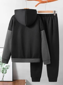 SHEIN Teen Boy American Retro Color Blocking Loose Long Sleeve Hoodie Set,Winter,Back-To-School - Multicolor - View 2