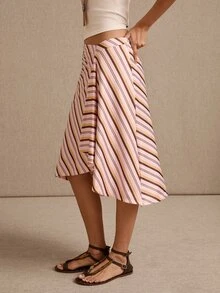 lacRébo Pink Asymmetric Striped Jersey Midi Skirt With Draped Front Detail Summer Vacation Flowy Casual - Multicolor - View 5