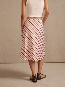 lacRébo Pink Asymmetric Striped Jersey Midi Skirt With Draped Front Detail Summer Vacation Flowy Casual - Multicolor - View 2