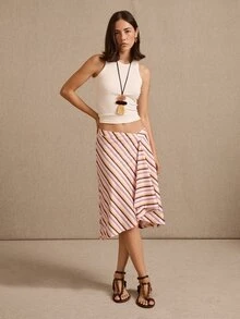 lacRébo Pink Asymmetric Striped Jersey Midi Skirt With Draped Front Detail Summer Vacation Flowy Casual - Multicolor - View 6