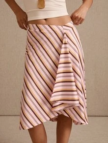lacRébo Pink Asymmetric Striped Jersey Midi Skirt With Draped Front Detail Summer Vacation Flowy Casual - Multicolor - View 3