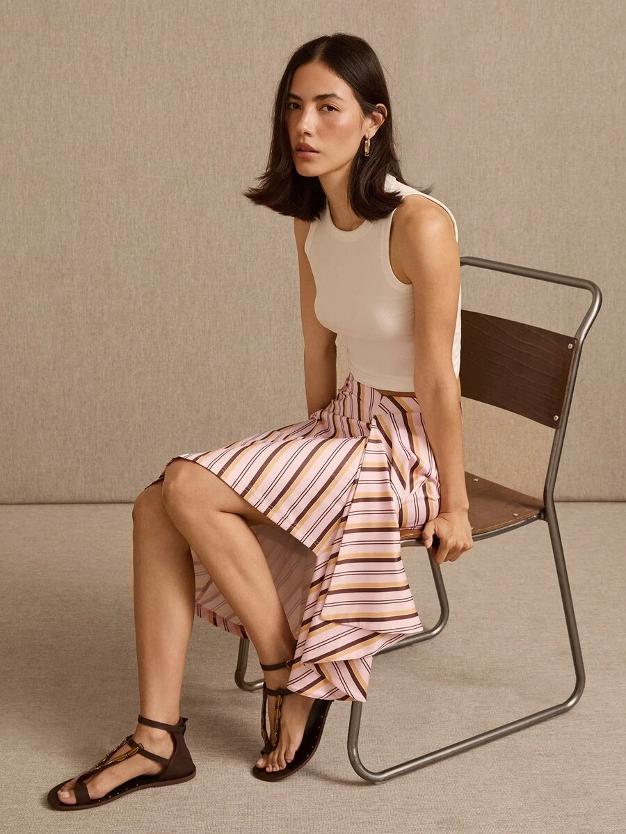 lacRébo Pink Asymmetric Striped Jersey Midi Skirt With Draped Front Detail Summer Vacation Flowy Casual - Multicolor - View 1
