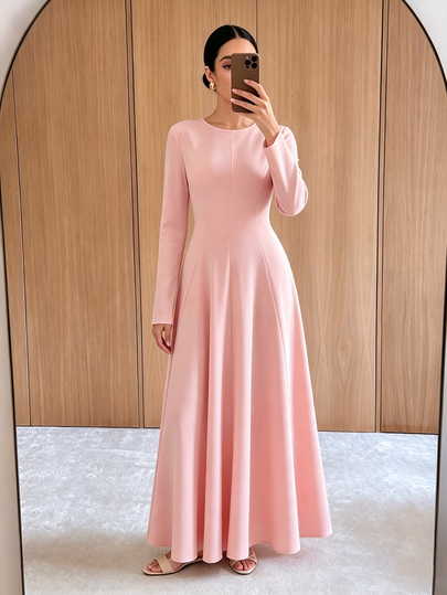 Graceveil Light Pink Solid Round Neck Long Sleeve Panel Waist Cinched Elegant Modest Women's Flared Maxi Dress For Office, Daily Wear And Wedding Guest