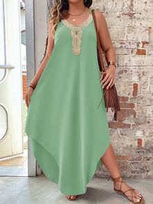 Breezaya Plus Size Women's Versatile Slimming Collar Lace Trim Long Cami Dress - Green - View 5