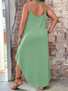 Breezaya Plus Size Women's Versatile Slimming Collar Lace Trim Long Cami Dress - Green - View 2