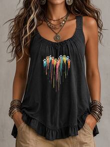 Ceyna Plus Size Women's French Casual Gothic Elegant Graphic Print Camisole Tank Top Beach Vacation Black Summer - Black - View 2