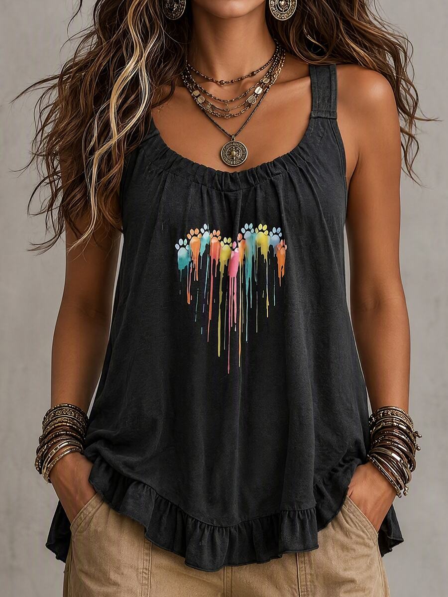 Ceyna Plus Size Women's French Casual Gothic Elegant Graphic Print Camisole Tank Top Beach Vacation Black Summer