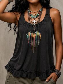 Ceyna Plus Size Women's French Casual Gothic Elegant Graphic Print Camisole Tank Top Beach Vacation Black Summer - Black - View 5