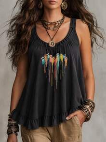 Ceyna Plus Size Women's French Casual Gothic Elegant Graphic Print Camisole Tank Top Beach Vacation Black Summer - Black - View 4