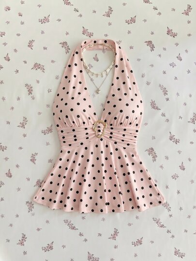 Mori Grove Mori Grove Top de tirantes halter para mujer, estilo minimalista tropical vintage sexy, rosa y negro con lunares, hebilla metálica, para verano y vacaciones