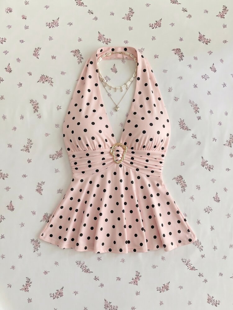 Mori Grove Mori Grove Women's Summer Minimalist Tropical Vintage Sexy Pink And Black Polka Dot Metal Buckle Halter Tank Top Vacation - Pink - View 1