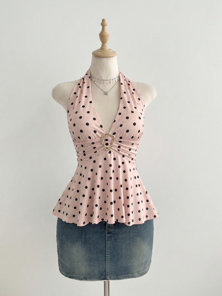 Mori Grove Mori Grove Women's Summer Minimalist Tropical Vintage Sexy Pink And Black Polka Dot Metal Buckle Halter Tank Top Vacation - Pink - View 3