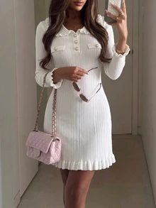 Autumina Women's Autumn/Winter Casual Fine Ribbed Collar Ruffle Pearl Button Decor Slim Fit Knit Sweater Dress - Beige - View 3