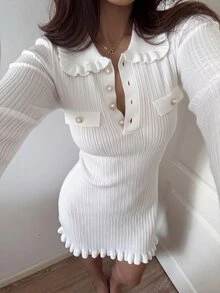Autumina Women's Autumn/Winter Casual Fine Ribbed Collar Ruffle Pearl Button Decor Slim Fit Knit Sweater Dress - Beige - View 5