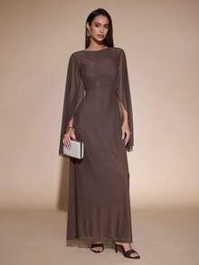SHEIN Glamour Vestido largo marrón café para mujer, sin espalda, para fiesta de noche, cena, cóctel, cita romántica elegante y sexy, ajustado, vacaciones de verano, atuendo para boda de otoño - Marrón - Ver 3