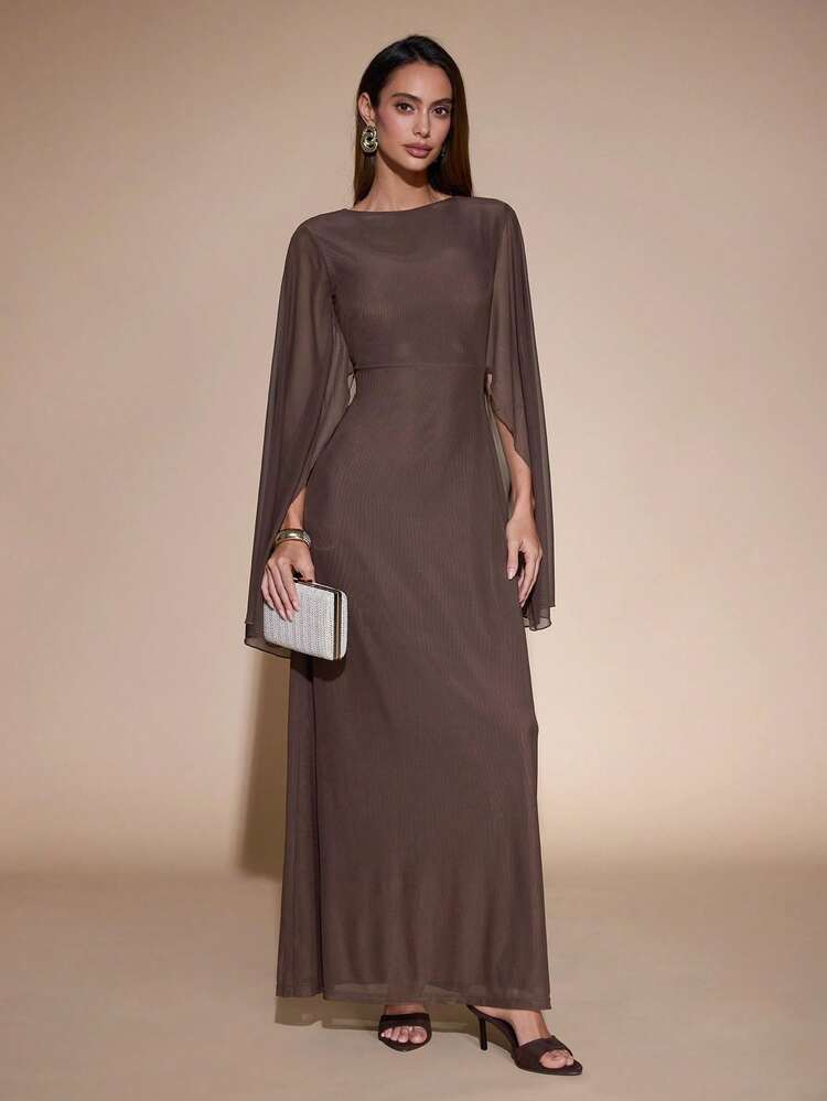 SHEIN Glamour 女款咖啡棕長洋裝，露背設計，適合晚宴、雞尾酒會、浪漫優雅性感約會，修身剪裁，夏季度假穿搭，婚禮秋季造型 - 棕色 - 查看 3