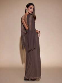 SHEIN Glamour Vestido largo marrón café para mujer, sin espalda, para fiesta de noche, cena, cóctel, cita romántica elegante y sexy, ajustado, vacaciones de verano, atuendo para boda de otoño - Marrón - Ver 1
