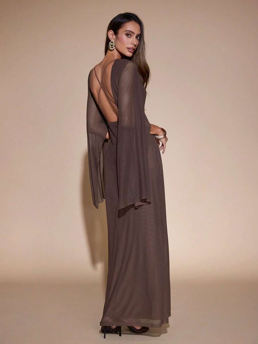SHEIN Glamour Vestido largo marrón café para mujer, sin espalda, para fiesta de noche, cena, cóctel, cita romántica elegante y sexy, ajustado, vacaciones de verano, atuendo para boda de otoño - Marrón - Ver 1