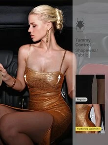Nuvra Women's Gold Foil Thin Strap Square Neck High Slit Midi Dress - Apricot - View 9