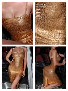 Nuvra Women's Gold Foil Thin Strap Square Neck High Slit Midi Dress - Apricot - View 6