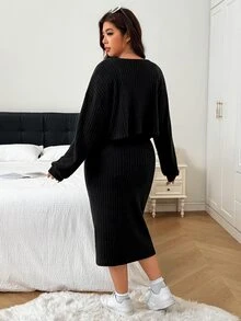 SHEIN EZwear Gaun Atasan Pendek Warna Polos Ukuran Besar untuk Musim Gugur - Hitam - View 3