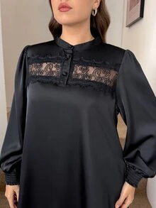 SHEIN LUNE فستان أنيق بحجم كبير مع رقعات دانتيل للخريف - الأسود - مشاهدة 6