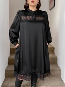 SHEIN LUNE فستان أنيق بحجم كبير مع رقعات دانتيل للخريف - الأسود - مشاهدة 3