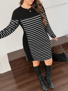 SHEIN LUNE 大尺碼女款圓領黑白拼接休閒柔軟修身簡約洋裝，適合約會、正式場合、度假、生日、早午餐、辦公室、教師，秋季穿搭 - 黑色 - 查看 3