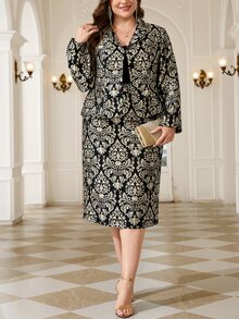 Reflora Plus Size Elegant Metallic Texture Long Sleeve Jacket And Skirt Suit Set - Black - View 5