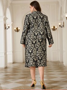 Reflora Plus Size Elegant Metallic Texture Long Sleeve Jacket And Skirt Suit Set - Black - View 3