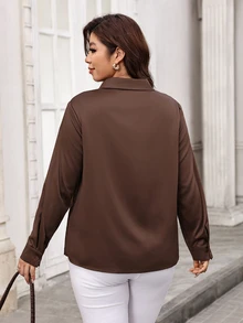SHEIN Clasi Plus Size Women's Lace Patchwork Casual Elegant Versatile Daily Wear Blouse Autumn Office Formal Brunch Brown - Brown - View 2