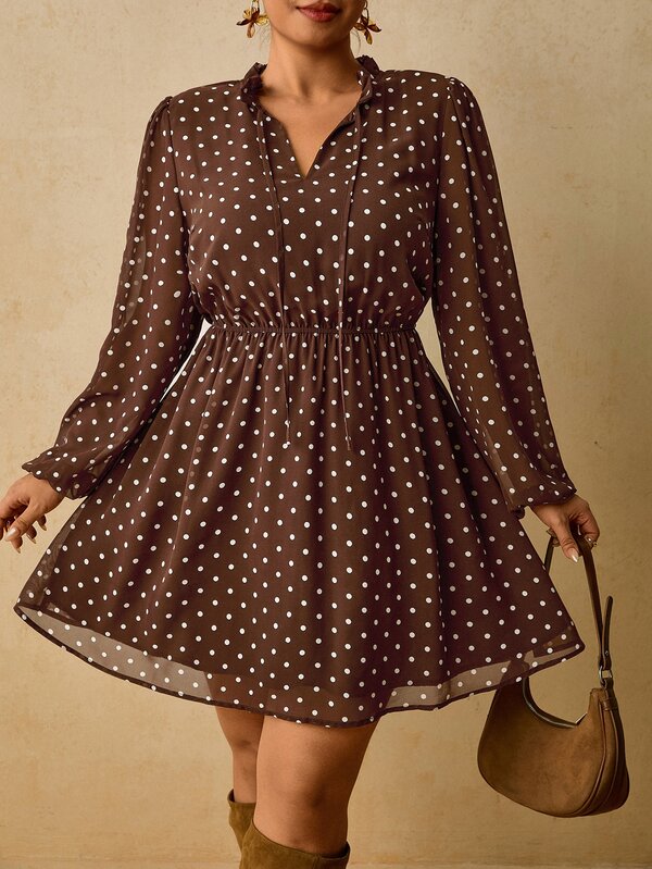 Travachic Plus Size Women's Elegant Romantic Vintage Long Sleeve Dress, V-Neck Tie Waist A-Line Short Dress, Autumn/Winter Layering Dress Fall