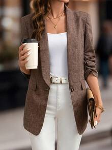 SHEIN Clasi Blazer Khaki Klasik untuk Wanita, Cocok untuk Perjalanan Sehari-hari di Musim Gugur/Dingin - Khaki - View 5
