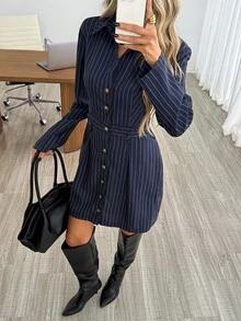 Easowa 女款條紋休閒優雅日常秋季洋裝 辦公室早午餐 海軍藍 教師節 - 藏蓝色 - 查看 3