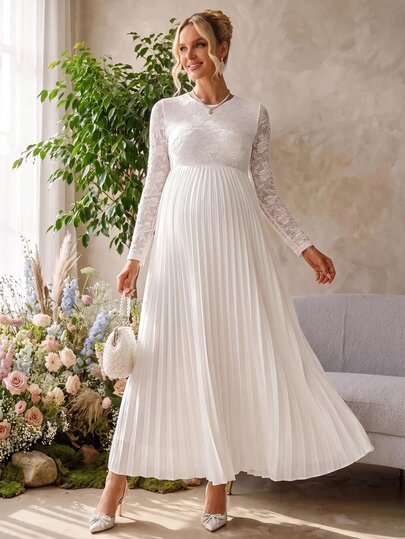 Loomaby Sweet Versatile Lace Round Neck Pleated Dress For Pregnant Women Dress Gender Reveal Dress Maternity Dress Baby Shower Dress