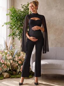 Loomaby Celestial Elegant Casual Sequin Cutout Maternity Jumpsuit Vacation Dress Gender Reveal Baby Shower Autumn Birthday Formal Party Black - Black - View 4