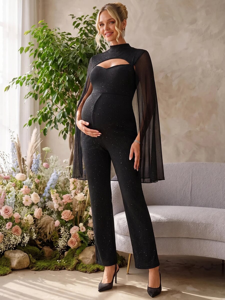 Loomaby Celestial Elegant Casual Sequin Cutout Maternity Jumpsuit Vacation Dress Gender Reveal Baby Shower Autumn Birthday Formal Party Black