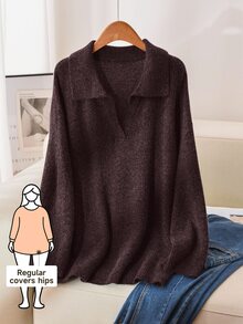 CosyJoli 大尺碼女款純色翻領長袖寬鬆休閒套頭針織衫 深紫色 V 領領口 秋冬正式居家穿搭 - 咖啡棕 - 查看 10